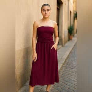 NEW J. Jill Burgundy Strapless Rayon Knit Midi Dress Medium Ruched Tube Stretch